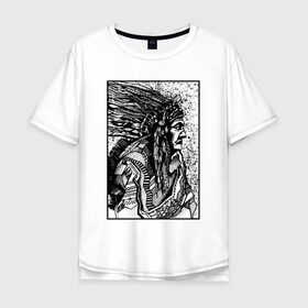 Мужская футболка хлопок Oversize с принтом Drawing indian в Белгороде, 100% хлопок | свободный крой, круглый ворот, “спинка” длиннее передней части | black | drawing | indian | индеец | рисунок | черный
