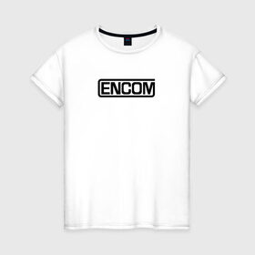 Женская футболка хлопок с принтом Encom в Белгороде, 100% хлопок | прямой крой, круглый вырез горловины, длина до линии бедер, слегка спущенное плечо | Тематика изображения на принте: виртуальный | кевин флинн | мир | программист | фильм