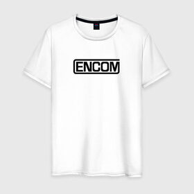 Мужская футболка хлопок с принтом Encom в Белгороде, 100% хлопок | прямой крой, круглый вырез горловины, длина до линии бедер, слегка спущенное плечо. | Тематика изображения на принте: виртуальный | кевин флинн | мир | программист | фильм