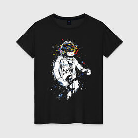 Женская футболка хлопок с принтом Cosmosrock в Белгороде, 100% хлопок | прямой крой, круглый вырез горловины, длина до линии бедер, слегка спущенное плечо | astronaut | cosmonaut | cosmos | guitar | music | rock | solo | space | star | астронавт | гитара | звезда | космонавт | космос | музыка | солист