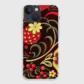 Чехол для iPhone 13 mini с принтом Хохлома в Белгороде,  |  | арт | вектор | желтый | зеленый | золотой | красный | малина | народный рисунок | рисунок | хохлома | цветок | цветы | чёрный | ягода | ягоды