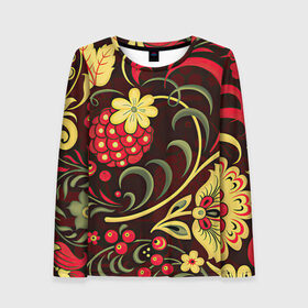 Женский лонгслив 3D с принтом Хохлома в Белгороде, 100% полиэстер | длинные рукава, круглый вырез горловины, полуприлегающий силуэт | арт | вектор | желтый | зеленый | золотой | красный | малина | народный рисунок | рисунок | хохлома | цветок | цветы | чёрный | ягода | ягоды