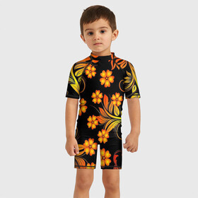 Детский купальный костюм 3D с принтом Хохлома в Белгороде, Полиэстер 85%, Спандекс 15% | застежка на молнии на спине | арт | вектор | желтый | золотой | красный | народный рисунок | рисунок | хохлома | цветок | цветы | чёрный