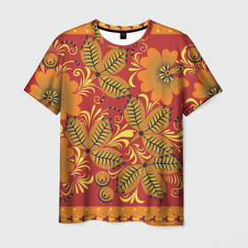 Мужская футболка 3D с принтом Хохлома в Белгороде, 100% полиэфир | прямой крой, круглый вырез горловины, длина до линии бедер | арт | вектор | желтый | зеленый | золотой | красный | народный рисунок | оранжевый | рисунок | хохлома | цветок | цветы | чёрный