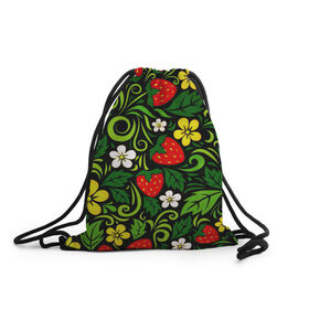 Рюкзак-мешок 3D с принтом Хохлома в Белгороде, 100% полиэстер | плотность ткани — 200 г/м2, размер — 35 х 45 см; лямки — толстые шнурки, застежка на шнуровке, без карманов и подкладки | арт | вектор | желтый | зеленый | золотой | клубника | красный | народный рисунок | рисунок | хохлома | цветок | цветы | чёрный | ягода | ягоды