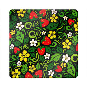 Магнит виниловый Квадрат с принтом Хохлома в Белгороде, полимерный материал с магнитным слоем | размер 9*9 см, закругленные углы | арт | вектор | желтый | зеленый | золотой | клубника | красный | народный рисунок | рисунок | хохлома | цветок | цветы | чёрный | ягода | ягоды