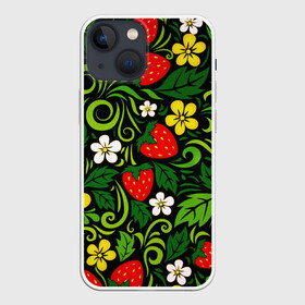 Чехол для iPhone 13 mini с принтом Хохлома в Белгороде,  |  | арт | вектор | желтый | зеленый | золотой | клубника | красный | народный рисунок | рисунок | хохлома | цветок | цветы | чёрный | ягода | ягоды