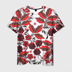 Мужская футболка 3D с принтом Хохлома в Белгороде, 100% полиэфир | прямой крой, круглый вырез горловины, длина до линии бедер | арт | белый | вектор | красный | народный рисунок | рисунок | хохлома | цветок | цветы | чёрный | ягода | ягоды