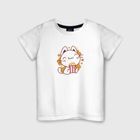 Детская футболка хлопок с принтом Поп-корн и кот в Белгороде, 100% хлопок | круглый вырез горловины, полуприлегающий силуэт, длина до линии бедер | popcorn | кино | кот | кошка | поп корн | попкорн