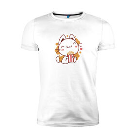 Мужская футболка хлопок Slim с принтом Поп-корн и кот в Белгороде, 92% хлопок, 8% лайкра | приталенный силуэт, круглый вырез ворота, длина до линии бедра, короткий рукав | popcorn | кино | кот | кошка | поп корн | попкорн