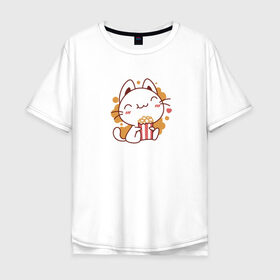 Мужская футболка хлопок Oversize с принтом Поп-корн и кот в Белгороде, 100% хлопок | свободный крой, круглый ворот, “спинка” длиннее передней части | popcorn | кино | кот | кошка | поп корн | попкорн