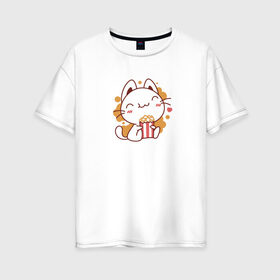Женская футболка хлопок Oversize с принтом Поп-корн и кот в Белгороде, 100% хлопок | свободный крой, круглый ворот, спущенный рукав, длина до линии бедер
 | popcorn | кино | кот | кошка | поп корн | попкорн