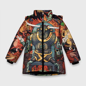 Зимняя куртка для девочек 3D с принтом Dance Gavin Dance -Afterburner в Белгороде, ткань верха — 100% полиэстер; подклад — 100% полиэстер, утеплитель — 100% полиэстер. | длина ниже бедра, удлиненная спинка, воротник стойка и отстегивающийся капюшон. Есть боковые карманы с листочкой на кнопках, утяжки по низу изделия и внутренний карман на молнии. 

Предусмотрены светоотражающий принт на спинке, радужный светоотражающий элемент на пуллере молнии и на резинке для утяжки. | Тематика изображения на принте: afterburner | alternative | animals | bull | cover | dance | gavin | metal | music | rock | альтернатива | бык | животные | метал | механизм | музыка | обложка | робот | рок | форсаж