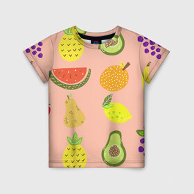Детская футболка 3D с принтом Фруктики в Белгороде, 100% гипоаллергенный полиэфир | прямой крой, круглый вырез горловины, длина до линии бедер, чуть спущенное плечо, ткань немного тянется | авокадо | ананас | апельсин | арбуз | виноград | груша | лимон | фрукт