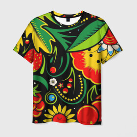 Мужская футболка 3D с принтом Хохлома в Белгороде, 100% полиэфир | прямой крой, круглый вырез горловины, длина до линии бедер | арт | вектор | желтый | зеленый | золотой | клубника | клюква | красный | малина | народный рисунок | рисунок | хохлома | цветок | цветы | чёрный | ягода | ягоды