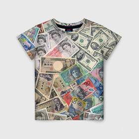 Детская футболка 3D с принтом Деньги в Белгороде, 100% гипоаллергенный полиэфир | прямой крой, круглый вырез горловины, длина до линии бедер, чуть спущенное плечо, ткань немного тянется | арт | банкноты | валюта | деньги | доллары | зеленый | иена | красный | серый | синий | фунт стерлингов | юани