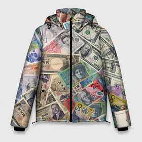 Мужская зимняя куртка 3D с принтом Деньги в Белгороде, верх — 100% полиэстер; подкладка — 100% полиэстер; утеплитель — 100% полиэстер | длина ниже бедра, свободный силуэт Оверсайз. Есть воротник-стойка, отстегивающийся капюшон и ветрозащитная планка. 

Боковые карманы с листочкой на кнопках и внутренний карман на молнии. | Тематика изображения на принте: арт | банкноты | валюта | деньги | доллары | зеленый | иена | красный | серый | синий | фунт стерлингов | юани