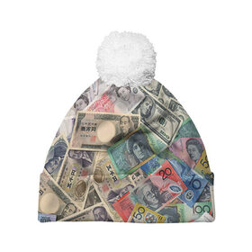 Шапка 3D c помпоном с принтом Деньги в Белгороде, 100% полиэстер | универсальный размер, печать по всей поверхности изделия | арт | банкноты | валюта | деньги | доллары | зеленый | иена | красный | серый | синий | фунт стерлингов | юани