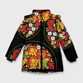 Зимняя куртка для девочек 3D с принтом Khokhloma 10-0 в Белгороде, ткань верха — 100% полиэстер; подклад — 100% полиэстер, утеплитель — 100% полиэстер. | длина ниже бедра, удлиненная спинка, воротник стойка и отстегивающийся капюшон. Есть боковые карманы с листочкой на кнопках, утяжки по низу изделия и внутренний карман на молнии. 

Предусмотрены светоотражающий принт на спинке, радужный светоотражающий элемент на пуллере молнии и на резинке для утяжки. | орнамент | роспись | русский стиль | текстуры | узор