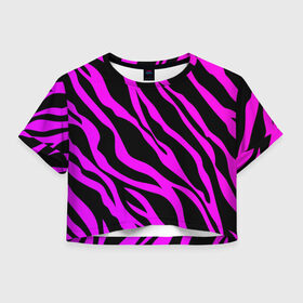 Женская футболка Crop-top 3D с принтом Неоновая зебра в Белгороде, 100% полиэстер | круглая горловина, длина футболки до линии талии, рукава с отворотами | абстракция | зебра | камуфляж | кляксы | краски | линии | неон | неоновая абстракция | неоновый принт | неоновый рисунок | пятна | разводы | разноцветное