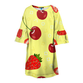 Детское платье 3D с принтом Черешня и клубника в Белгороде, 100% полиэстер | прямой силуэт, чуть расширенный к низу. Круглая горловина, на рукавах — воланы | Тематика изображения на принте: арт | вишня | жёлтый | зеленый | клубника | красный | рисунок | черешня | ягода