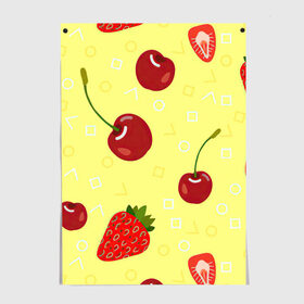 Постер с принтом Черешня и клубника в Белгороде, 100% бумага
 | бумага, плотность 150 мг. Матовая, но за счет высокого коэффициента гладкости имеет небольшой блеск и дает на свету блики, но в отличии от глянцевой бумаги не покрыта лаком | арт | вишня | жёлтый | зеленый | клубника | красный | рисунок | черешня | ягода