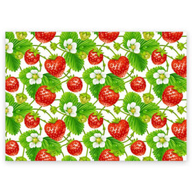Поздравительная открытка с принтом Земляника в Белгороде, 100% бумага | плотность бумаги 280 г/м2, матовая, на обратной стороне линовка и место для марки
 | Тематика изображения на принте: арт | белые цветы | белый | белый цветок | зеленый | земляника | клубника | красный | лесная ягода | лесные ягоды | листва | листья | растение | рисунок | цветок | цветы
