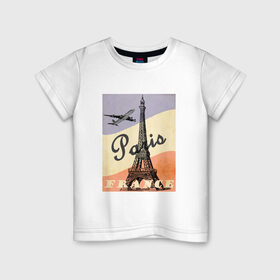 Детская футболка хлопок с принтом Paris/Париж в Белгороде, 100% хлопок | круглый вырез горловины, полуприлегающий силуэт, длина до линии бедер | airplane | city | elf tower | flag | france | illustration | landmark | paris | tower | башня | город | достопримечательность | иллюстрация | париж | самолёт | флаг | флаг франции | франция | эльфивая башня