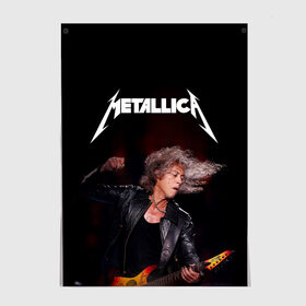 Постер с принтом Metallica Kirk Hammett в Белгороде, 100% бумага
 | бумага, плотность 150 мг. Матовая, но за счет высокого коэффициента гладкости имеет небольшой блеск и дает на свету блики, но в отличии от глянцевой бумаги не покрыта лаком | guitar | guitarist | heavy | kirk hammett | metall | metallica | rock | trash | кирк хэммит | металл | металлика | рок | хэви