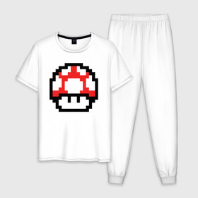 Мужская пижама хлопок с принтом Гриб Марио в Белгороде, 100% хлопок | брюки и футболка прямого кроя, без карманов, на брюках мягкая резинка на поясе и по низу штанин
 | 8 bit | 8 бит | 8bit | 8бит | art | dendy | mario | mushroom | pixel | super | арт | гриб | денди | марио | пиксель | супер