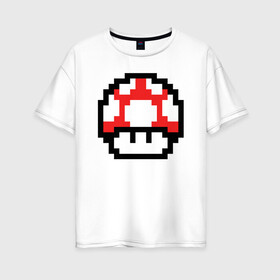 Женская футболка хлопок Oversize с принтом Гриб Марио в Белгороде, 100% хлопок | свободный крой, круглый ворот, спущенный рукав, длина до линии бедер
 | 8 bit | 8 бит | 8bit | 8бит | art | dendy | mario | mushroom | pixel | super | арт | гриб | денди | марио | пиксель | супер