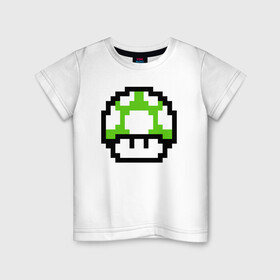 Детская футболка хлопок с принтом Гриб Марио в Белгороде, 100% хлопок | круглый вырез горловины, полуприлегающий силуэт, длина до линии бедер | 8 bit | 8 бит | 8bit | 8бит | art | dendy | mario | mushroom | pixel | super | арт | гриб | денди | марио | пиксель | супер