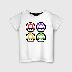 Детская футболка хлопок с принтом Грибы Марио в Белгороде, 100% хлопок | круглый вырез горловины, полуприлегающий силуэт, длина до линии бедер | 8 bit | 8 бит | 8bit | 8бит | art | dendy | mario | mushroom | pixel | super | арт | гриб | денди | марио | пиксель | супер
