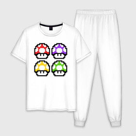 Мужская пижама хлопок с принтом Грибы Марио в Белгороде, 100% хлопок | брюки и футболка прямого кроя, без карманов, на брюках мягкая резинка на поясе и по низу штанин
 | 8 bit | 8 бит | 8bit | 8бит | art | dendy | mario | mushroom | pixel | super | арт | гриб | денди | марио | пиксель | супер