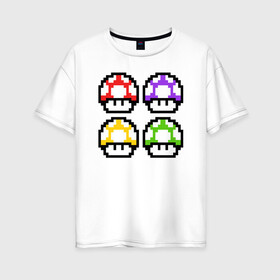 Женская футболка хлопок Oversize с принтом Грибы Марио в Белгороде, 100% хлопок | свободный крой, круглый ворот, спущенный рукав, длина до линии бедер
 | 8 bit | 8 бит | 8bit | 8бит | art | dendy | mario | mushroom | pixel | super | арт | гриб | денди | марио | пиксель | супер