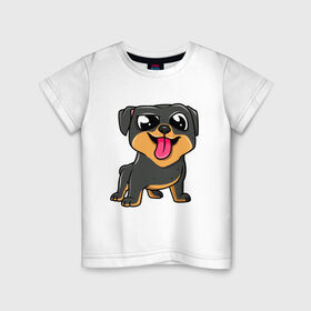 Детская футболка хлопок с принтом Ротвейлер в Белгороде, 100% хлопок | круглый вырез горловины, полуприлегающий силуэт, длина до линии бедер | dog | rotweiler | зубы | лапы | мем | пес | прикол | ротвейлер | смешные животные | собака | собака с языком | собачка | щенок | юмор | язык