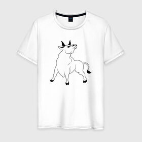 Мужская футболка хлопок с принтом Белый Бык в Белгороде, 100% хлопок | прямой крой, круглый вырез горловины, длина до линии бедер, слегка спущенное плечо. | animals | new year | winter | арт | боевой | буйвол | бык | бычок | взгляд | дикий | животные | звери | зима | знак зодиака | зодиак | корова | лошадь | минимализм | мультяшный | мускулы | новый год | подарок | рисунок