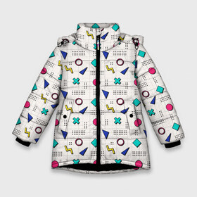 Зимняя куртка для девочек 3D с принтом Цветные фигуры в Белгороде, ткань верха — 100% полиэстер; подклад — 100% полиэстер, утеплитель — 100% полиэстер. | длина ниже бедра, удлиненная спинка, воротник стойка и отстегивающийся капюшон. Есть боковые карманы с листочкой на кнопках, утяжки по низу изделия и внутренний карман на молнии. 

Предусмотрены светоотражающий принт на спинке, радужный светоотражающий элемент на пуллере молнии и на резинке для утяжки. | зигзаг | квадрат | крестик | круг | ромб | точка | треугольник