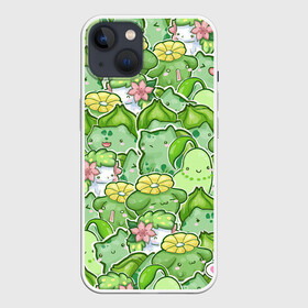 Чехол для iPhone 13 с принтом Стая травяных в Белгороде,  |  | pokemon | pokemon go | арт | бульбазавр | бульбазавры | желтый | жёлтый цветок | зеленый | рисунок | розовый | розовый цветок | стая бульбазавров | цветок | цветочные монстры | цветочный монстр | цветы