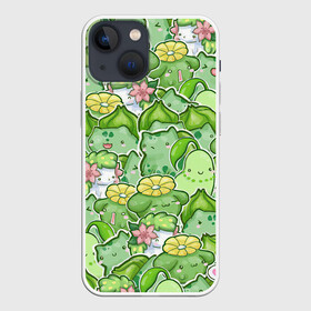 Чехол для iPhone 13 mini с принтом Стая травяных в Белгороде,  |  | pokemon | pokemon go | арт | бульбазавр | бульбазавры | желтый | жёлтый цветок | зеленый | рисунок | розовый | розовый цветок | стая бульбазавров | цветок | цветочные монстры | цветочный монстр | цветы