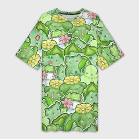 Платье-футболка 3D с принтом Стая травяных в Белгороде,  |  | pokemon | pokemon go | арт | бульбазавр | бульбазавры | желтый | жёлтый цветок | зеленый | рисунок | розовый | розовый цветок | стая бульбазавров | цветок | цветочные монстры | цветочный монстр | цветы