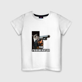 Детская футболка хлопок с принтом Муррминатор в Белгороде, 100% хлопок | круглый вырез горловины, полуприлегающий силуэт, длина до линии бедер | cat | mem | кот | кот с оружием | котик | мем | прикол | смешной кот | терминатор | фильм | юмор