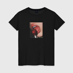 Женская футболка хлопок с принтом CHUPA CHUPS в Белгороде, 100% хлопок | прямой крой, круглый вырез горловины, длина до линии бедер, слегка спущенное плечо | винишко тян | губы | девушка | сохры . | чупа чупс