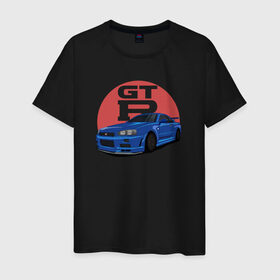 Мужская футболка хлопок с принтом Nissan GT-R 34 в Белгороде, 100% хлопок | прямой крой, круглый вырез горловины, длина до линии бедер, слегка спущенное плечо. | Тематика изображения на принте: drift | gt r 34 | nissan gtr | r34 | skyline