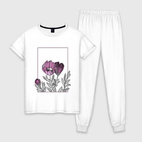Женская пижама хлопок с принтом Цветы с тонкими линиями в Белгороде, 100% хлопок | брюки и футболка прямого кроя, без карманов, на брюках мягкая резинка на поясе и по низу штанин | Тематика изображения на принте: графика | линии | рамка | растение | ртуть | цветы