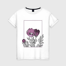 Женская футболка хлопок с принтом Цветы с тонкими линиями в Белгороде, 100% хлопок | прямой крой, круглый вырез горловины, длина до линии бедер, слегка спущенное плечо | графика | линии | рамка | растение | ртуть | цветы