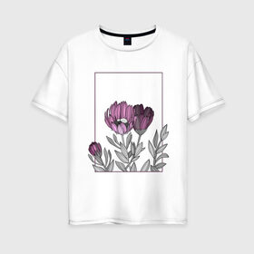 Женская футболка хлопок Oversize с принтом Цветы с тонкими линиями в Белгороде, 100% хлопок | свободный крой, круглый ворот, спущенный рукав, длина до линии бедер
 | Тематика изображения на принте: графика | линии | рамка | растение | ртуть | цветы