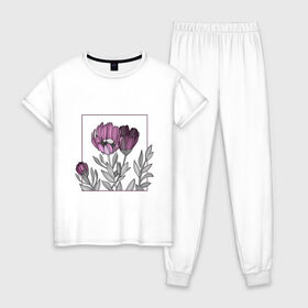 Женская пижама хлопок с принтом Цветы в рамке в Белгороде, 100% хлопок | брюки и футболка прямого кроя, без карманов, на брюках мягкая резинка на поясе и по низу штанин | Тематика изображения на принте: графика | линии | рамка | растение | ртуть | цветы