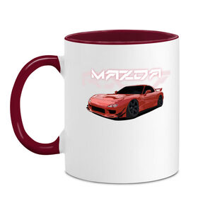 Кружка двухцветная с принтом Mazda RX-7 в Белгороде, керамика | объем — 330 мл, диаметр — 80 мм. Цветная ручка и кайма сверху, в некоторых цветах — вся внутренняя часть | Тематика изображения на принте: drift | mazda | mazda rx7 | rotary | rx 7 | stance