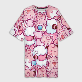 Платье-футболка 3D с принтом Розовое собрание в Белгороде,  |  | pokemon | pokemon go | арт | мью | мью ту | покемон | покемоны | рисунок | розовые покемоны | розовый покемон